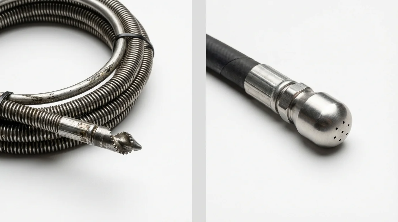 Drain snake cable and hydro jetting nozzle used for drain cleaning in Clinton, CT