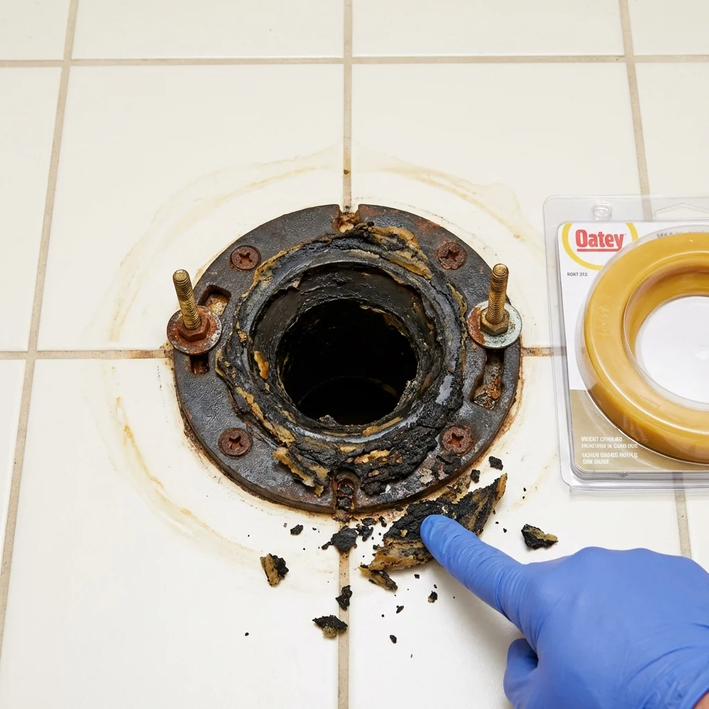 Failed wax ring showing water seepage at the base of a toilet in a Clinton, CT home