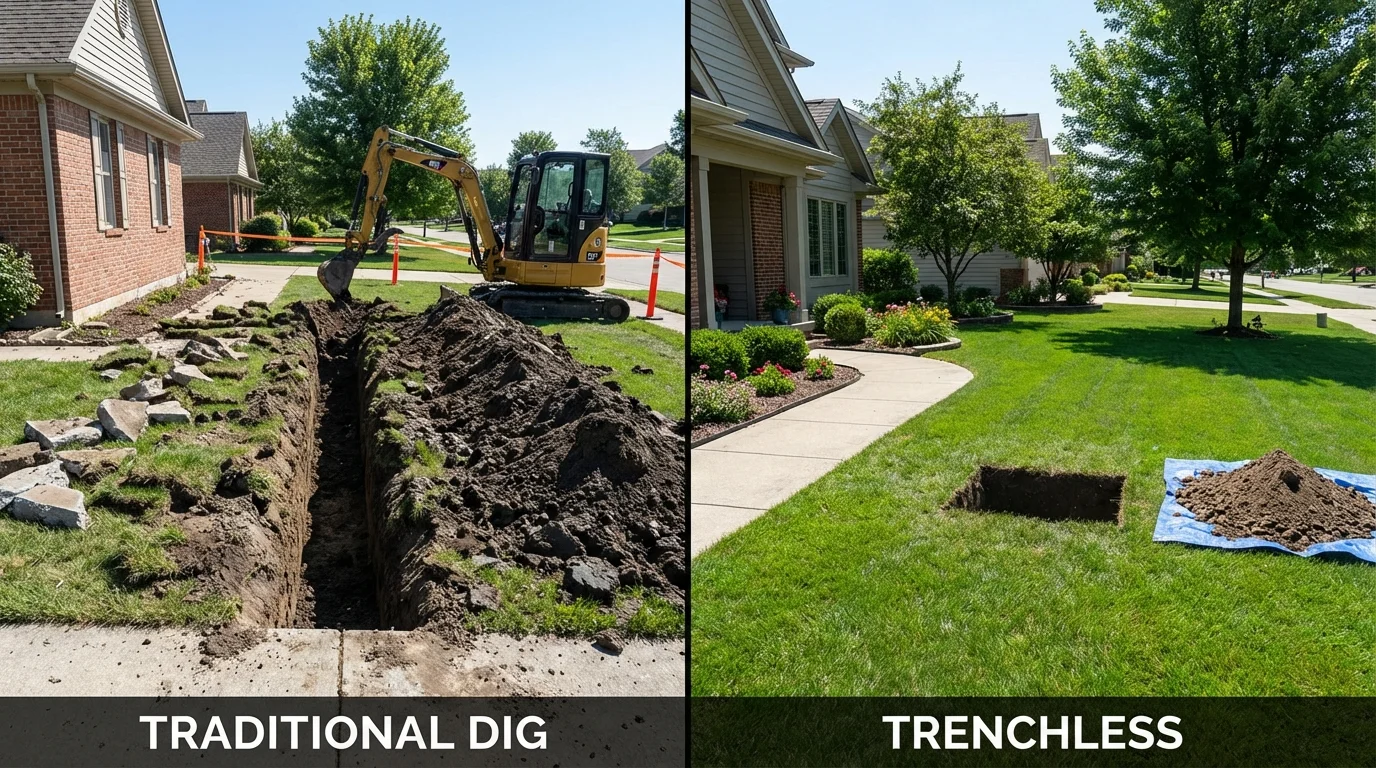 Trenchless sewer repair with minimal yard damage versus traditional excavation in Clinton, CT