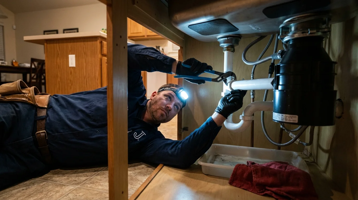 P-trap and supply line connections under a kitchen sink showing a common leak point in Clinton, CT
